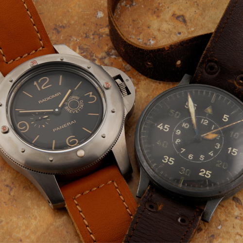Lot 130 (estimate £16,000 - £20,000) - a gentleman's 8 Day Radiomir Egiziano wrist replica watch (left) and Lot 280 (estimate £1,200 - £1,800) - a gentleman's Luftwaffe issue navigator's wrist replica watch (right)